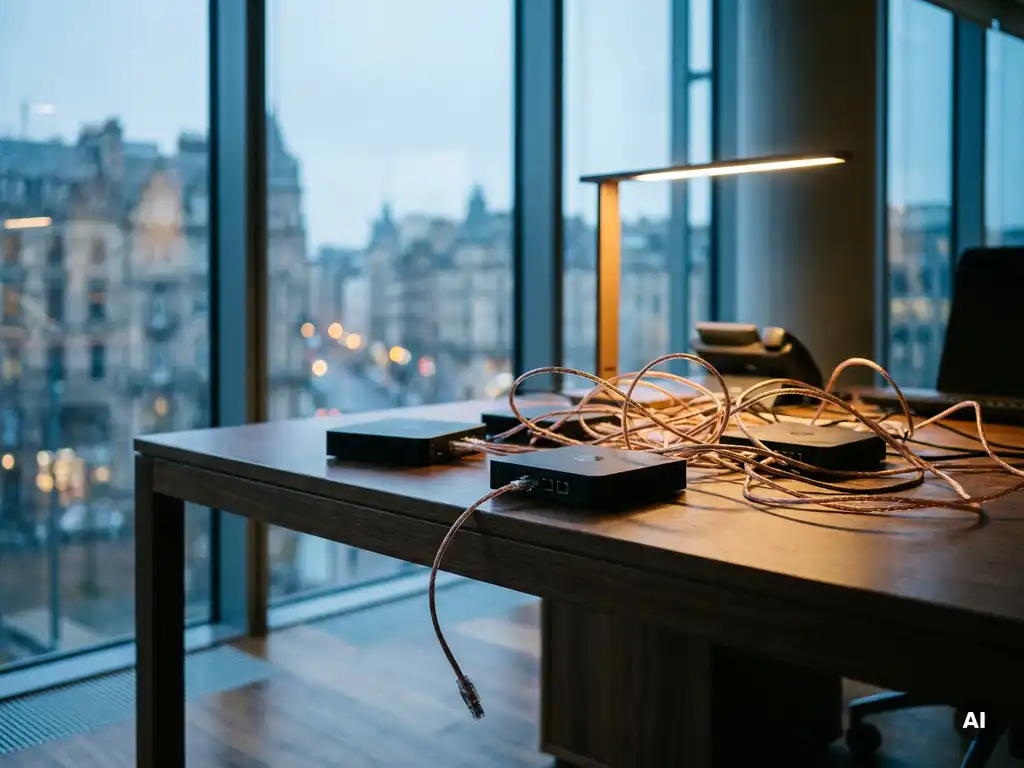 Verwarde koperen kabels verbinden serverknopen op een bureau, met één losse kabel; kantooromgeving met Europees stadsgezicht op de achtergrond.